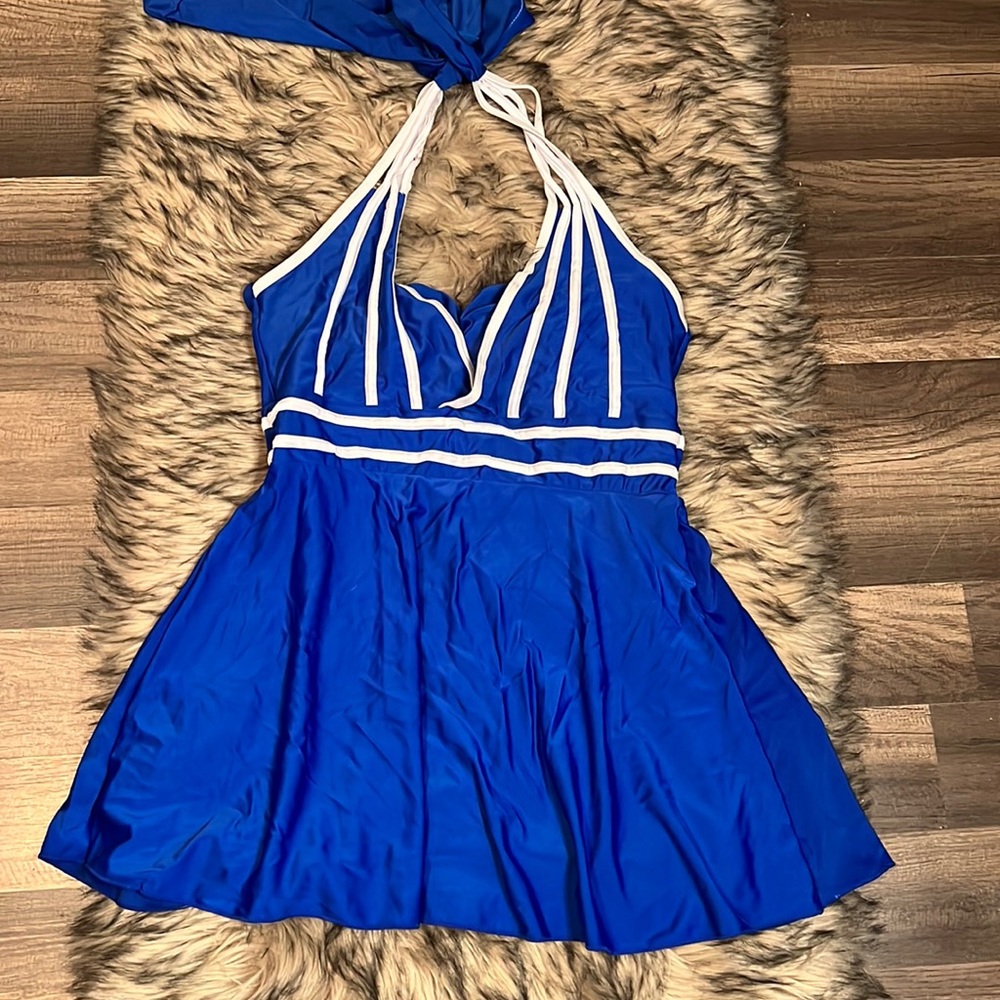 Blue and white halter top bathing suit.